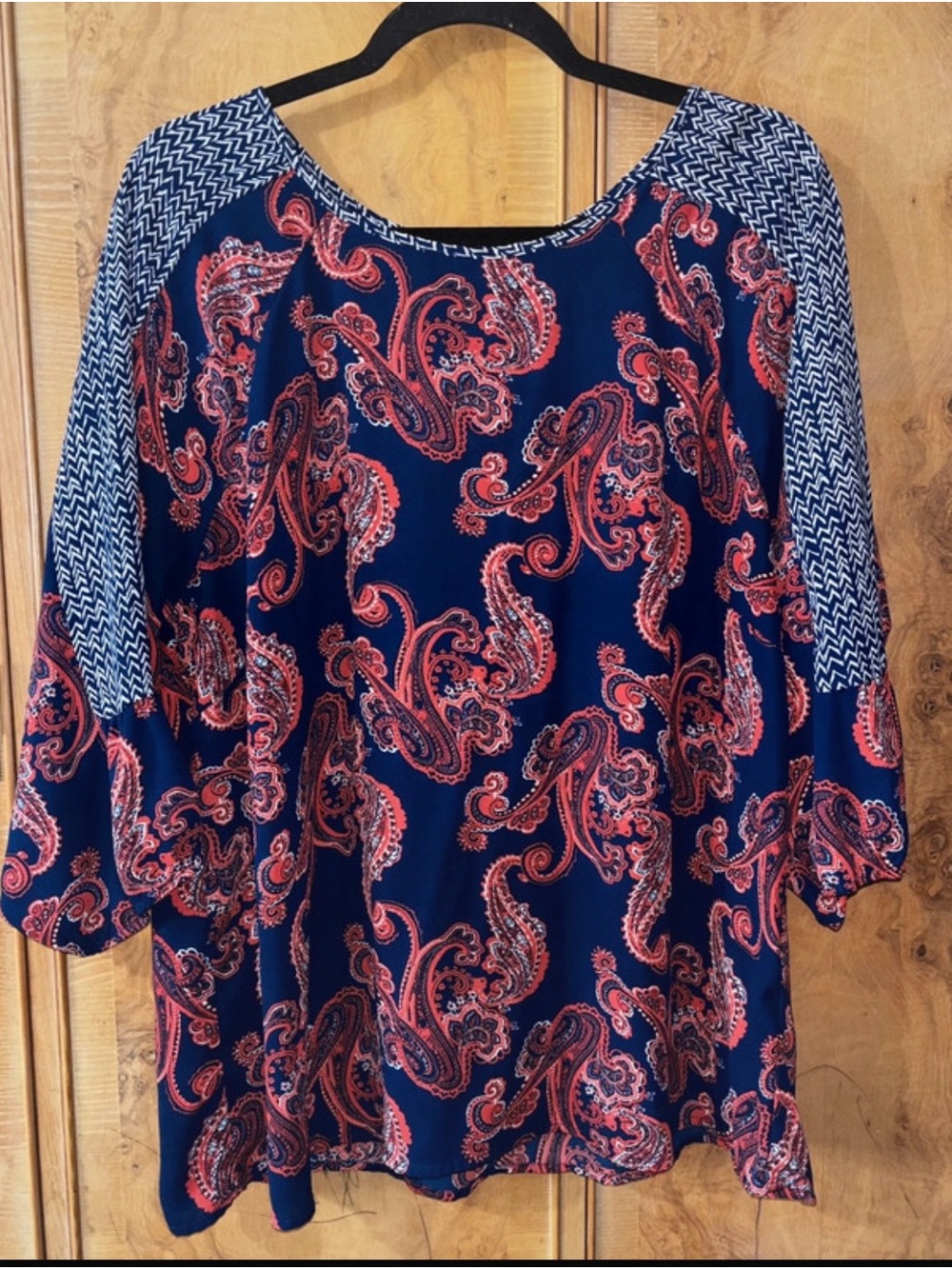 Women's Navy Paisley Print Blouse with Navy-White Sleeves size XXL